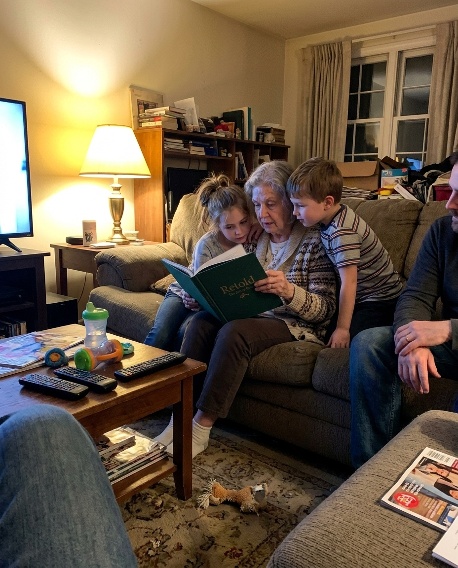 The family opening the Retold book together